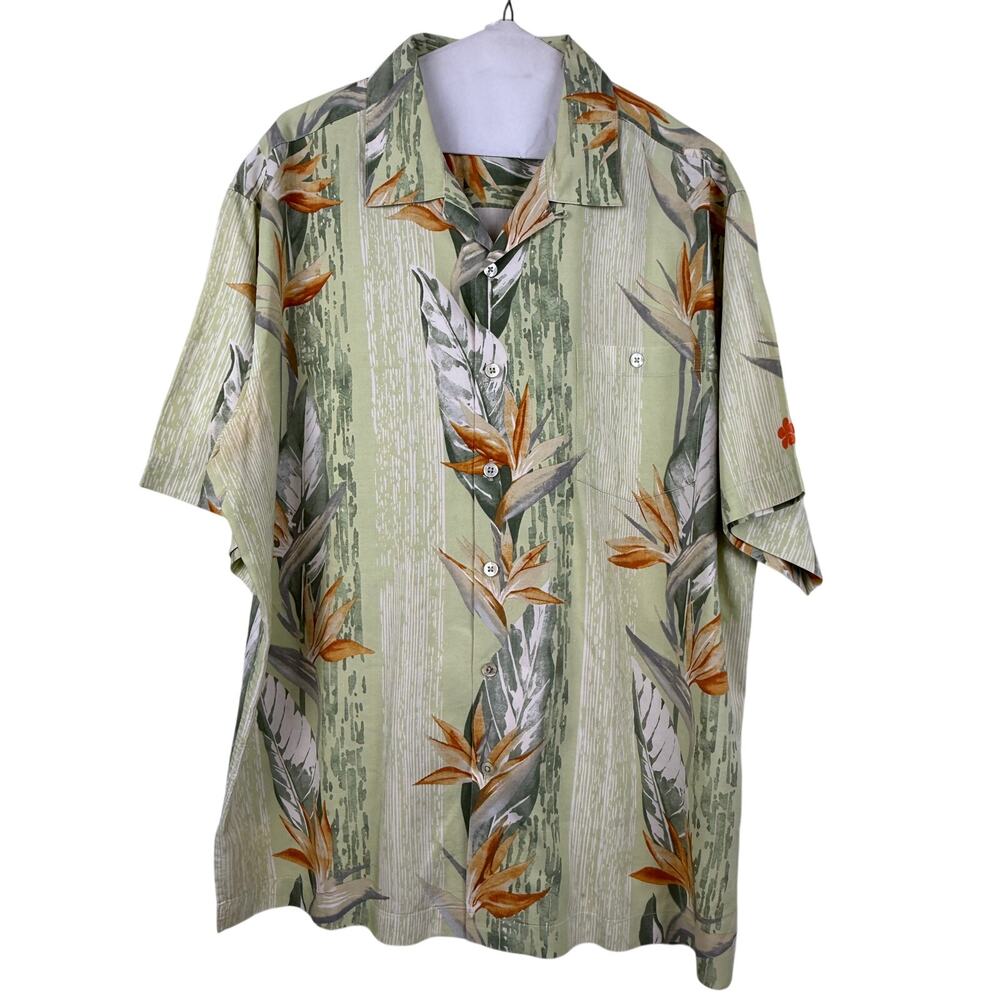 Tori Richard Mens Silk Linen Hawaiian Shirt Size L Sage Bird of Paradise Resort